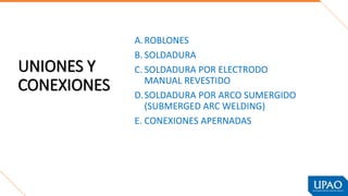 UNIONES Y
CONEXIONES
A.ROBLONES
B. SOLDADURA
C. SOLDADURA POR ELECTRODO
MANUAL REVESTIDO
D.SOLDADURA POR ARCO SUMERGIDO
(SUBMERGED ARC WELDING)
E. CONEXIONES APERNADAS
 