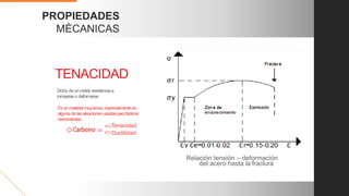 PROPIEDADES
MÈCANICAS
TENACIDAD
Dicho deunmetal:resistenciaa
romperseo deformarse
Esunmaterial muytenaz, especialmenteen
alguna delasaleacionesusadasparafabricar
herramientas.
Tenacidad
Ductilidad
=
Relación tensión ‒ deformación
del acero hasta la fractura
 