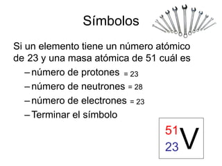 Símbolos
Si un elemento tiene un número atómico
de 23 y una masa atómica de 51 cuál es
– número de protones
–número de neutrones
–número de electrones
– Terminar el símbolo
V
51
23
= 23
= 28
= 23
 