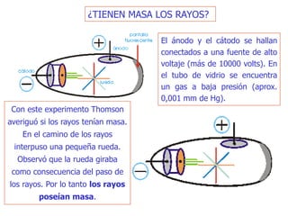 ¿TIENEN MASA LOS RAYOS?
El ánodo y el cátodo se hallan
conectados a una fuente de alto
voltaje (más de 10000 volts). En
el tubo de vidrio se encuentra
un gas a baja presión (aprox.
0,001 mm de Hg).
Con este experimento Thomson
averiguó si los rayos tenían masa.
En el camino de los rayos
interpuso una pequeña rueda.
Observó que la rueda giraba
como consecuencia del paso de
los rayos. Por lo tanto los rayos
poseían masa.
 
