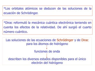 *Los orbitales atómicos se deducen de las soluciones de la
ecuación de Schrödinger.
*Dirac reformuló la mecánica cuántica electrónica teniendo en
cuenta los efectos de la relatividad. De ahí surgió el cuarto
número cuántico.
Las soluciones de las ecuaciones de Schródinger y de Dirac
para los átomos de hidrógeno
funciones de onda
describen los diversos estados disponibles para el único
electrón del hidrógeno
 