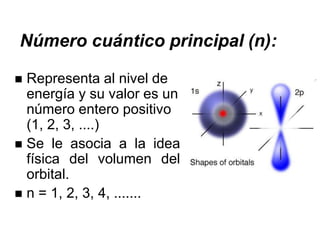 Número cuántico principal (n):
 Representa al nivel de
energía y su valor es un
número entero positivo
(1, 2, 3, ....)
 Se le asocia a la idea
física del volumen del
orbital.
 n = 1, 2, 3, 4, .......
 