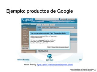 Ejemplo: productos de Google

Henrik Kniberg, Agile & Lean Software Develompment Slides
Metodologías Ágiles de Desarrollo de Software
29
Domingo Gallardo, DCCIA, Univ. Alicante

 