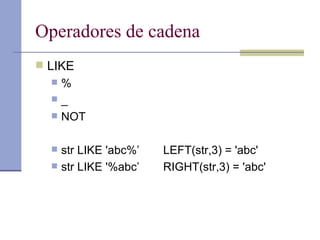 Operadores de cadena LIKE % _ NOT str LIKE 'abc%’ LEFT(str,3) = 'abc'  str LIKE '%abc’ RIGHT(str,3) = 'abc' 