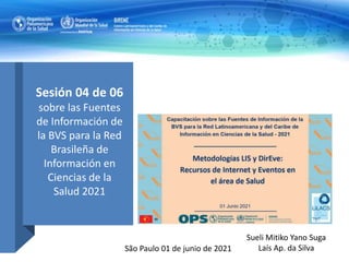 Sueli Mitiko Yano Suga
Laís Ap. da Silva
São Paulo 01 de junio de 2021
Sesión 04 de 06
sobre las Fuentes
de Información de
la BVS para la Red
Brasileña de
Información en
Ciencias de la
Salud 2021
 