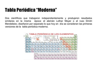 Dos científicos que trabajaron independientemente y produjeron resultados
similares en la misma época: el alemán Lothar Meyer o el ruso Dmitri
Mendeleiev, diseñaron por separado lo que hoy en día se consideran las primeras
versiones de la tabla periódica moderna.
 