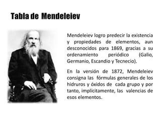Mendeleiev logro predecir la existencia
y propiedades de elementos, aun
desconocidos para 1869, gracias a su
ordenamiento periódico (Galio,
Germanio, Escandio y Tecnecio).
En la versión de 1872, Mendeleiev
consigna las fórmulas generales de los
hidruros y óxidos de cada grupo y por
tanto, implícitamente, las valencias de
esos elementos.
 