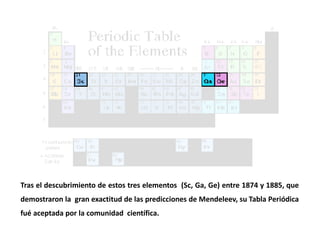 Tras el descubrimiento de estos tres elementos (Sc, Ga, Ge) entre 1874 y 1885, que
demostraron la gran exactitud de las predicciones de Mendeleev, su Tabla Periódica
fué aceptada por la comunidad científica.
 