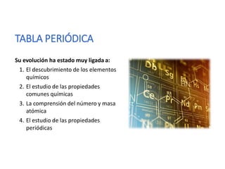 TABLA PERIÓDICA
Su evolución ha estado muy ligada a:
1. El descubrimiento de los elementos
químicos
2. El estudio de las propiedades
comunes químicas
3. La comprensión del número y masa
atómica
4. El estudio de las propiedades
periódicas
 