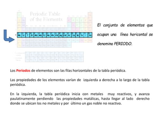 El conjunto de elementos que
ocupan una línea horicontal se
denomina PERIODO.
Los Periodos de elementos son las filas horizontales de la tabla periódica.
Las propiedades de los elementos varían de izquierda a derecha a lo largo de la tabla
periódica.
En la izquierda, la tabla periódica inicia con metales muy reactivos, y avanza
paulatinamente perdiendo las propiedades matálicas, hasta llegar al lado derecho
donde se ubican los no metales y por último un gas noble no reactivo.
 