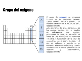 El grupo del oxígeno, se encuentra
formado por los elementos oxígeno,
azufre, selenio, teluro y polonio, con
números atómicos de 8, 16, 34,52, y 84,
respectivamente.
A los elementos del grupo del oxígeno se
les conoce también con el nombre
de calcógenos, que significa,
productores de cobre, así, el sulfuro de
cobre es una mena para la extracción
del cobre. Incluso el selenio y el teluro se
encuentran con el cobre, la plata y el
oro, sin embargo, el polonio, es un
elemento altamente radiactivo y pesado
así como lo es el francio y el radio de los
alcalinos y alcalinotérreos,
respectivamente
 