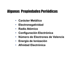 • Carácter Metálico
• Electronegatividad
• Radio Atómico
• Configuración Electrónica
• Número de Electrones de Valencia
• Energía de Ionización
• Afinidad Electrónica
 
