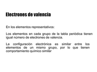 En los elementos representativos:
Los elementos en cada grupo de la tabla periódica tienen
igual número de electrones de valencia.
La configuración electrónica es similar entre los
elementos de un mismo grupo, por lo que tienen
comportamiento químico similar
 