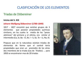 CLASIFICACIÓN DE LOS ELEMENTOS
Inicios del S. XIX
Johann Wolfgang Döbereiner (1780-1849)
1817 - 1827 encontró que existían grupos de 3
elementos que poseían propiedades químicas
similares, en los cuales la media de los “pesos
atómicos” del primero y el último, era similar al
intermedio (Ca, Sr, Ba - Cl, Br, I – S, Se, Te – Li, Na, K)
Propuso que en la naturaleza existían tríadas de
elementos de forma que el central tenía
propiedades que eran un promedio de los otros
dos miembros de la tríada (Ley de Tríadas). … para
1850 se encontraron mas de 20 triadas
Triadas de Döbereiner
 