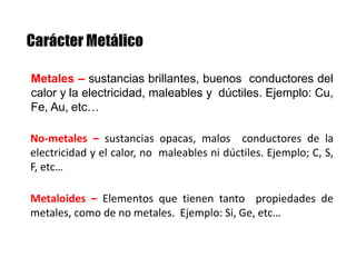 Metales – sustancias brillantes, buenos conductores del
calor y la electricidad, maleables y dúctiles. Ejemplo: Cu,
Fe, Au, etc…
No-metales – sustancias opacas, malos conductores de la
electricidad y el calor, no maleables ni dúctiles. Ejemplo; C, S,
F, etc…
Metaloides – Elementos que tienen tanto propiedades de
metales, como de no metales. Ejemplo: Si, Ge, etc…
 