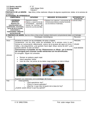 1.2. Grado y sección : 3° “G”
1.3. Responsable : Julián Melgar Girón
1.4. Fecha : 7/05/2017
PROPOSITO DE LA SESIÓN : los niños y niñas realizaran dibujos de algunas experiencias vividas en la semana de
emergencia
ACTIVIDADES DE APRENDIZAJE:
COMPETENCIA CAPACIDAD INDICADOR DE EVALUACIÓN INSTRUMENTO DE
EVALUACION
1 EXPRESIÒN
ARTISTICA
Expresa con
espontaneidad sus
sentimientos, emociones,
forma de ver el mundo,
cosmovisión y
espiritualidad; utilizando
las técnicas del
Expresión artística:
 Explora y experimenta las
posibilidades expresivas
usando las técnicas del
estarcido usando plantillas.
 Expresa sus vivencia y emociones de
manera espontánea y creativa haciendo
uso de diversos materiales.
 Lista de cotejo
III. PROPÓSITO DE SESIÓN: Que los niños y niñas al leer localizan información comprendiendo textos y el mensaje.
Fases Estrategias metodológicas Recursos
Inicio
proceso
Iniciamos la sesión con las actividades de rutina e higiene.
Conversamos con los niños sobre las actividades de la semana como lo que
hicimos en comunicación reflexionando acerca de la escases del agua en Lima y
Callao, y les preguntamos ¿Les gustaría hacer algún dibujo acerca de ello? ¿Les
gustaría adornar el aula con ellos?
Comunicamos el propósito de hoy: Elaboraremos un dibujo con la técnica
del corrugado para expresar nuestra solidaridad con los damnificados
El corrugado: Siguen los comandos:
 Romper en pedazos papel crepé
 Hacer pequeñas bolitas
 Usar las uñas, las yemas de los dedos luego pegarlos en todo el dibujo
Exponen sus creaciones con la estrategia del museo.
PINTURA
HOJAS
SUS DEDOS
final  metacognitivos.
- ¿Qué aprendimos hoy?
- ¿Cómo lo hemos aprendido?
- ¿Qué fue lo que más me gustó de la clase de hoy?
¿Cuándo puedo utilizar lo que hoy aprendí?
---------------------------------------------- --------------------------------------------------------
V° B° DIRECTORA Prof. Julián melgar Girón
 