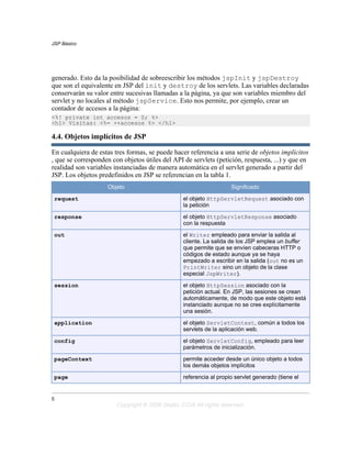 JSP Básico




generado. Esto da la posibilidad de sobreescribir los métodos jspInit y jspDestroy
que son el equivalente en JSP del init y destroy de los servlets. Las variables declaradas
conservarán su valor entre sucesivas llamadas a la página, ya que son variables miembro del
servlet y no locales al método jspService. Esto nos permite, por ejemplo, crear un
contador de accesos a la página:
<%! private int accesos = 0; %>
<h1> Visitas: <%= ++accesos %> </h1>

4.4. Objetos implícitos de JSP

En cualquiera de estas tres formas, se puede hacer referencia a una serie de objetos implícitos
, que se corresponden con objetos útiles del API de servlets (petición, respuesta, ...) y que en
realidad son variables instanciadas de manera automática en el servlet generado a partir del
JSP. Los objetos predefinidos en JSP se referencian en la tabla 1.
                    Objeto                                          Significado

 request                                         el objeto HttpServletRequest asociado con
                                                 la petición

 response                                        el objeto HttpServletResponse asociado
                                                 con la respuesta

 out                                             el Writer empleado para enviar la salida al
                                                 cliente. La salida de los JSP emplea un buffer
                                                 que permite que se envíen cabeceras HTTP o
                                                 códigos de estado aunque ya se haya
                                                 empezado a escribir en la salida (out no es un
                                                 PrintWriter sino un objeto de la clase
                                                 especial JspWriter).

 session                                         el objeto HttpSession asociado con la
                                                 petición actual. En JSP, las sesiones se crean
                                                 automáticamente, de modo que este objeto está
                                                 instanciado aunque no se cree explícitamente
                                                 una sesión.

 application                                     el objeto ServletContext, común a todos los
                                                 servlets de la aplicación web.

 config                                          el objeto ServletConfig, empleado para leer
                                                 parámetros de inicialización.

 pageContext                                     permite acceder desde un único objeto a todos
                                                 los demás objetos implícitos

 page                                            referencia al propio servlet generado (tiene el


5
                        Copyright © 2006 Depto. CCIA All rights reserved.
 