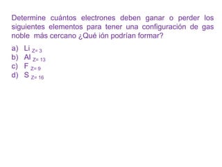 Determine cuántos electrones deben ganar o perder los
siguientes elementos para tener una configuración de gas
noble más cercano ¿Qué ión podrían formar?
a) Li Z= 3
b) Al Z= 13
c) F Z= 9
d) S Z= 16
 