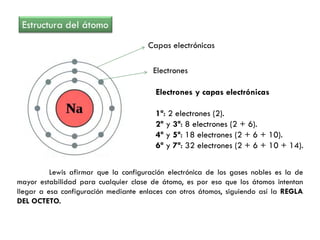 Estructura del átomo
Capas electrónicas
Electrones y capas electrónicas
1ª: 2 electrones (2).
2ª y 3ª: 8 electrones (2 + 6).
4ª y 5ª: 18 electrones (2 + 6 + 10).
6ª y 7ª: 32 electrones (2 + 6 + 10 + 14).
Electrones
Lewis afirmar que la configuración electrónica de los gases nobles es la de
mayor estabilidad para cualquier clase de átomo, es por eso que los átomos intentan
llegar a esa configuración mediante enlaces con otros átomos, siguiendo así la REGLA
DEL OCTETO.
 