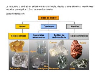La respuesta a qué es un enlace no es tan simple, debido a que existen al menos tres
modelos que explican cómo se unen los átomos.
Estos modelos son:
 