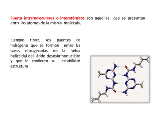Fuerza intramoleculares o interatómicos son aquellas que se presentan
entre los átomos de la misma molécula.
Ejemplo típico, los puentes de
hidrógeno que se forman entre las
bases nitrogenadas de la hebra
helicoidal del ácido desoxirribonucléico
y que le confieren su estabilidad
estructura
 