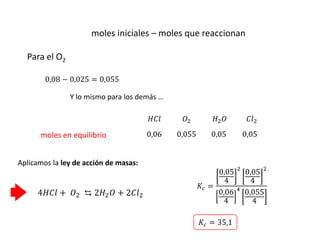 moles iniciales – moles que reaccionan
4𝐻𝐶𝑙 + 𝑂2 ⇆ 2𝐻2𝑂 + 2𝐶𝑙2
𝐻𝐶𝑙 𝑂2 𝐻2𝑂 𝐶𝑙2
moles en equilibrio 0,06 0,055 0,05 0,05
Aplicamos la ley de acción de masas:
0,08 − 0,025 = 0,055
Para el O2
Y lo mismo para los demás …
𝐾𝑐 =
0,05
4
2
0,05
4
2
0,06
4
4
0,055
4
𝐾𝑐 = 35,1
 