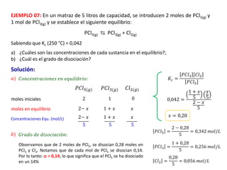 EJEMPLO 07: En un matraz de 5 litros de capacidad, se introducen 2 moles de PCl5(g) y
1 mol de PCl3(g) y se establece el siguiente equilibrio:
PCl5(g) ⇆ PCl3(g) + Cl2(g)
Sabiendo que Kc (250 °C) = 0,042
a) ¿Cuáles son las concentraciones de cada sustancia en el equilibrio?;
b) ¿Cuál es el grado de disociación?
Solución:
𝐶𝑜𝑛𝑐𝑒𝑛𝑡𝑟𝑎𝑐𝑖𝑜𝑛𝑒𝑠 𝑒𝑛 𝑒𝑞𝑢𝑖𝑙𝑖𝑏𝑟𝑖𝑜:
𝑎)
𝑃𝐶𝑙5(𝑔) 𝑃𝐶𝑙3(𝑔) 𝐶𝑙2(𝑔)
moles iniciales
moles en equilibrio
2 1 0
2− 𝑥 1 + 𝑥 𝑥
Concentraciones Equ. (mol/L)
𝐾𝑐 =
𝑃𝐶𝑙3 𝐶𝑙2
𝑃𝐶𝑙5
0,042 =
1 + 𝑥
5
𝑥
5
2 − 𝑥
5
𝑥 = 0,28
2− 𝑥 1 + 𝑥 𝑥
5
𝐺𝑟𝑎𝑑𝑜 𝑑𝑒 𝑑𝑖𝑠𝑜𝑐𝑖𝑎𝑐𝑖ó𝑛:
𝑏)
𝑃𝐶𝑙5 =
2 − 0,28
5
= 0,342 𝑚𝑜𝑙/𝐿
𝑃𝐶𝑙3 =
1 + 0,28
5
= 0,256 𝑚𝑜𝑙/𝐿
𝐶𝑙2 =
0,28
5
= 0,056 𝑚𝑜𝑙/𝐿
Observamos que de 2 moles de PCl5, se disocian 0,28 moles en
PCl3 y Cl2. Notamos que de cada mol de PCl5 se disocian 0,14.
Por lo tanto:  = 0,14; lo que significa que el PCl5 se ha disociado
en un 14%
5 5
 