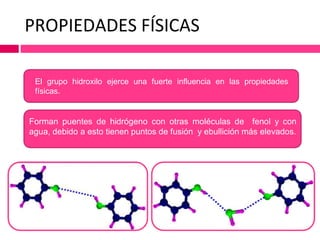 PROPIEDADES FÍSICAS
Forman puentes de hidrógeno con otras moléculas de fenol y con
agua, debido a esto tienen puntos de fusión y ebullición más elevados.
El grupo hidroxilo ejerce una fuerte influencia en las propiedades
físicas.
 
