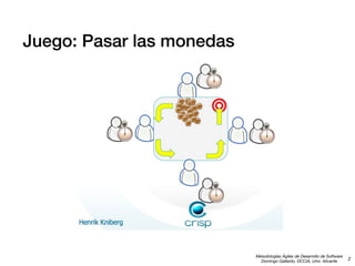 Juego: Pasar las monedas

Metodologías Ágiles de Desarrollo de Software
Domingo Gallardo, DCCIA, Univ. Alicante

2

 