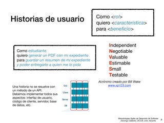 Historias de usuario

Como estudiante
quiero generar un PDF con mi expediente
para guardar un resumen de mi expediente
y poder entregarlo a quien me lo pida

Una historia no se resuelve con
un método de un API.
Debemos implementar todos sus
aspectos: interfaz de usuario,
código de cliente, servidor, base
de datos, etc.

Como <rol>
quiero <característica>
para <beneﬁcio>
Independent
Negotiable
Valuable
Estimable
Small
Testable
Acrónimo creado por Bill Wake
www.xp123.com

Metodologías Ágiles de Desarrollo de Software
Domingo Gallardo, DCCIA, Univ. Alicante

9

 
