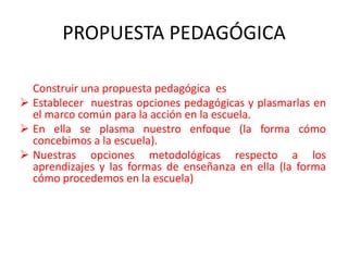 PROPUESTA PEDAGÓGICA	Construir una propuesta pedagógica  esEstablecer  nuestras opciones pedagógicas y plasmarlas en el marco común para la acción en la escuela.