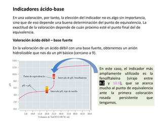 Indicadores ácido-base
Valoración ácido débil – base fuerte
En una valoración, por tanto, la elección del indicador no es algo sin importancia,
sino que de eso depende una buena determinación del punto de equivalencia. La
exactitud de la valoración depende de cuán próximo esté el punto final del de
equivalencia.
En la valoración de un ácido débil con una base fuerte, obtenemos un anión
hidrolizable que nos da un pH básico (cercano a 9).
En este caso, el indicador más
ampliamente utilizado es la
fenolftaleína (viraje entre
8.2 y 10.0), que se acerca
mucho al punto de equivalencia
ante la primera coloración
rosada persistente que
tengamos.
 