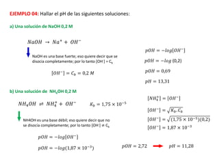 EJEMPLO 04: Hallar el pH de las siguientes soluciones:
a) Una solución de NaOH 0,2 M
b) Una solución de NH4OH 0,2 M
𝑁𝑎𝑂𝐻 → 𝑁𝑎+
+ 𝑂𝐻−
NaOH es una base fuerte; eso quiere decir que se
disocia completamente; por lo tanto [OH-] = Cb
𝑂𝐻− = 𝐶𝑏 = 0,2 𝑀
𝑝𝑂𝐻 = −𝑙𝑜𝑔 𝑂𝐻−
𝑝𝑂𝐻 = −𝑙𝑜𝑔 (0,2)
𝑝𝑂𝐻 = 0,69
𝑝𝐻 = 13,31
𝑁𝐻4𝑂𝐻 ⇌ 𝑁𝐻4
+
+ 𝑂𝐻−
NH4OH es una base débil; eso quiere decir que no
se disocia completamente; por lo tanto [OH-] ≠ Cb
𝑁𝐻4
+
= 𝑂𝐻−
𝐾𝑏 = 1,75 × 10−5
𝑂𝐻− = 𝐾𝑏. 𝐶𝑏
𝑂𝐻−
= (1,75 × 10−5)(0,2)
𝑂𝐻−
= 1,87 × 10−3
𝑝𝑂𝐻 = −𝑙𝑜𝑔 𝑂𝐻−
𝑝𝑂𝐻 = −𝑙𝑜𝑔(1,87 × 10−3) 𝑝𝑂𝐻 = 2,72 𝑝𝐻 = 11,28
 
