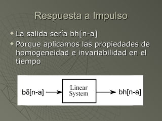Respuesta a Impulso La salida sería bh[n-a] Porque aplicamos las propiedades de homogeneidad e invariabilidad en el tiempo  b  [n-a] bh[n-a] 