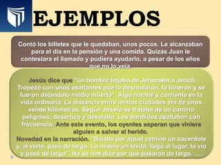 EJEMPLOS
Contó los billetes que le quedaban, unos pocos. Le alcanzaban
para el día en la pensión y una comida. Quizás Juan le
contestara el llamado y pudiera ayudarlo, a pesar de los años
que no lo veía.
Jesús dice que "un hombre bajaba de Jerusalén a Jericó.
Tropezó con unos asaltantes que lo desnudaron, lo hirieron y se
fueron dejándolo medio muerto". Algo normal y corriente en la
vida ordinaria. La distancia entre ambas ciudades era de unos
veinte kilómetros. Según Josefo se trataba de un camino
peligroso, desértico y desolado. Los bandidos asaltaban con
frecuencia. Ante este evento, los oyentes esperan que viniera
alguien a salvar al herido.
Novedad en la narración. "Bajaba por aquel camino un sacerdote
y, al verlo, pasó de largo. Lo mismo un levita, llegó al lugar, lo vio
y pasó de largo". No se nos dice por qué pasaron de largo. ….
 