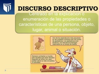 DISCURSO DESCRIPTIVO
Centrado en la explicación o
enumeración de las propiedades o
características de una persona, objeto,
lugar, animal o situación.
 