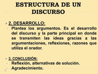 ESTRUCTURA DE UN
DISCURSO
 2. DESARROLLO:
• Plantea los argumentos. Es el desarrollo
del discurso y la parte principal en donde
se transmiten las ideas gracias a las
argumentaciones, reflexiones, razones que
utiliza el orador.
 3. CONCLUSIÓN:
• Reflexión, alternativas de solución.
• Agradecimiento.
 