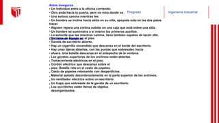 Pregrado Ingeniería Industrial
Actos inseguros
• Un individuo entra a la oficina corriendo.
• Otro anda hacia la puerta, pero no mira donde va.
• Una señora camina mientras lee.
• Un hombre se inclina hacia atrás en su silla, apoyada esta en las dos patas
tracer
• Alguien repara una cortina subido en una caja que está sobre una silla.
• Un hombre se suministra a sí mismo los primeros auxilios.
• La señorita que lee mientras camina, lleva también zapatos de tacón alto.
Condiciones inseguras
•
•
•
•
•
•
•
•
•
•
•
•
•
•
Derrame de líquido en el piso
Gaveta de escritorio abierto.
Hay un cigarrillo encendido que descansa en el borde del escritorio.
Hay unas tijeras abiertas, con las puntas que sobresalen hacia
afuera. Una botella descansa en el antepecho de la ventana.
Las gavetas superiores de los archivos están abiertas.
Tomacorriente eléctricos en el piso.
Cordón eléctrico que descansa sobre el
piso. Botella rota en el cesto de papeles.
Cesto de papeles rebosando con desperdicios.
Material apilado desordenadamente en la parte superior de los archivos.
Un ventilador eléctrico sobre un escritorio.
Un trapo que sobresale de la gaveta de un escritorio.
Los escritorios están llenos de objetos
desorganizados.
 