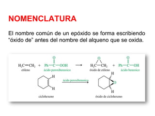 NOMENCLATURA
El nombre común de un epóxido se forma escribiendo
“óxido de” antes del nombre del alqueno que se oxida.
 