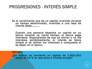 PROGRESIONES - INTERÉS SIMPLE
Es el rendimiento que da un capital invertido durante
un tiempo determinado, invertido a una tasa de
interés dada………..
Cuando una persona deposita un capital en un
banco durante un cierto tiempo, el banco paga
intereses. Dependiendo de que se retiren o no los
intereses periódicamente, el interés se llama
simple si se retiran los intereses o compuesto si
se dejan en el banco.
Ejemplo:
¿En cuánto se convierte un capital de 1.600.000
pesos al 10 % en dos años a interés simple?
15
 