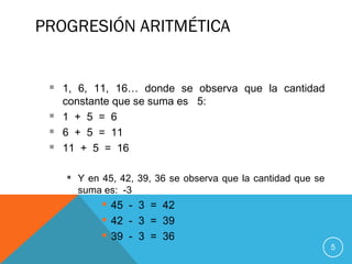 PROGRESIÓN ARITMÉTICA
5
 1, 6, 11, 16… donde se observa que la cantidad
constante que se suma es 5:
 1 + 5 = 6
 6 + 5 = 11
 11 + 5 = 16
 Y en 45, 42, 39, 36 se observa que la cantidad que se
suma es: -3
 45 - 3 = 42
 42 - 3 = 39
 39 - 3 = 36
 