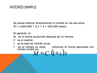 INTERES SIMPLE
Se puede obtener directamente el interés en los dos años:
M = 1.600.000 * 0,1 * 2 = 320.000 pesos.
En general, si:
M es el monto producido después de un tiempo.
C es el capital,
i es la tasa de interés anual
t es el tiempo en años, entonces el monto generado con
interés simple es:
( )tiCM += 1
 