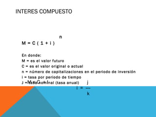 INTERES COMPUESTO
n
M = C ( 1 + i )
En donde:
M = es el valor futuro
C = es el valor original o actual
n = número de capitalizaciones en el periodo de inversión
i = tasa por periodo de tiempo
J = tasa nominal (tasa anual)M = C + I j
i = ---
k
 