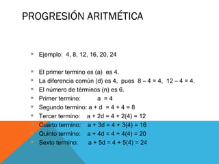 PROGRESIÓN ARITMÉTICA
 Ejemplo: 4, 8, 12, 16, 20, 24
 El primer termino es (a) es 4.
 La diferencia común (d) es 4, pues 8 – 4 = 4, 12 – 4 = 4.
 El número de términos (n) es 6.
 Primer termino: a = 4
 Segundo termino: a + d = 4 + 4 = 8
 Tercer termino: a + 2d = 4 + 2(4) = 12
 Cuarto termino: a + 3d = 4 + 3(4) = 16
 Quinto termino: a + 4d = 4 + 4(4) = 20
 Sexto termino: a + 5d = 4 + 5(4) = 24
 