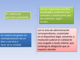 En materia de
personal y pensiones
con las respectivas planillas
anualizadas, conforme a los
contratos y resoluciones que
las sustentan, según
el caso.
En materia de gastos sin
contraprestación de un
bien o servicio a
favor de la entidad
con el acto de administración
correspondiente, sustentado
en el dispositivo legal, convenio, o
resolución judicial en calidad de
cosa juzgada o laudo arbitral, que
contenga la obligación que se
requiere atender
 