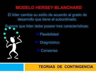 MODELO HERSEY-BLANCHARD El líder cambia su estilo de acuerdo al grado de desarrollo que tiene el subordinado. Supone que líder debe poseer tres características: Flexibilidad Diagnóstico Consenso TEORIAS  DE  CONTINGENCIA 