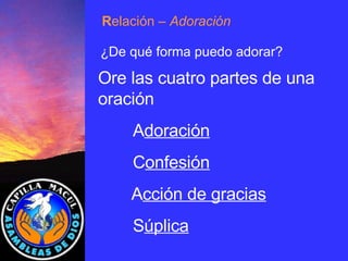 Ore las cuatro partes de una oración A doración C onfesión A cción de gracias S úplica R elación  – Adoración ¿De qué forma puedo adorar? 