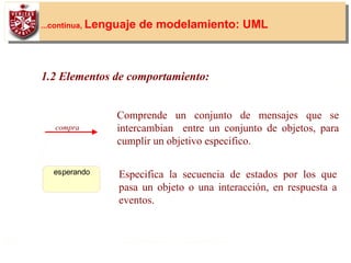 25
...continua, Lenguaje de modelamiento: UML
1.2 Elementos de comportamiento:
Comprende un conjunto de mensajes que se
intercambian entre un conjunto de objetos, para
cumplir un objetivo especifico.
compra
Especifica la secuencia de estados por los que
pasa un objeto o una interacción, en respuesta a
eventos.
esperando
 