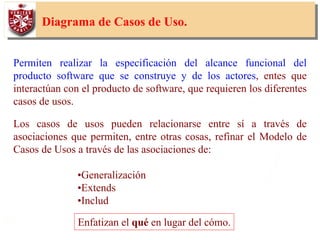 32
Diagrama de Casos de Uso.
Permiten realizar la especificación del alcance funcional del
producto software que se construye y de los actores, entes que
interactúan con el producto de software, que requieren los diferentes
casos de usos.
Los casos de usos pueden relacionarse entre sí a través de
asociaciones que permiten, entre otras cosas, refinar el Modelo de
Casos de Usos a través de las asociaciones de:
•Generalización
•Extends
•Includ
Enfatizan el qué en lugar del cómo.
 