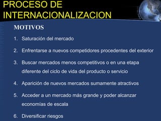 MOTIVOS
1. Saturación del mercado
2. Enfrentarse a nuevos competidores procedentes del exterior
3. Buscar mercados menos competitivos o en una etapa
diferente del ciclo de vida del producto o servicio
4. Aparición de nuevos mercados sumamente atractivos
5. Acceder a un mercado más grande y poder alcanzar
economías de escala
6. Diversificar riesgos
PROCESO DE
INTERNACIONALIZACION
 